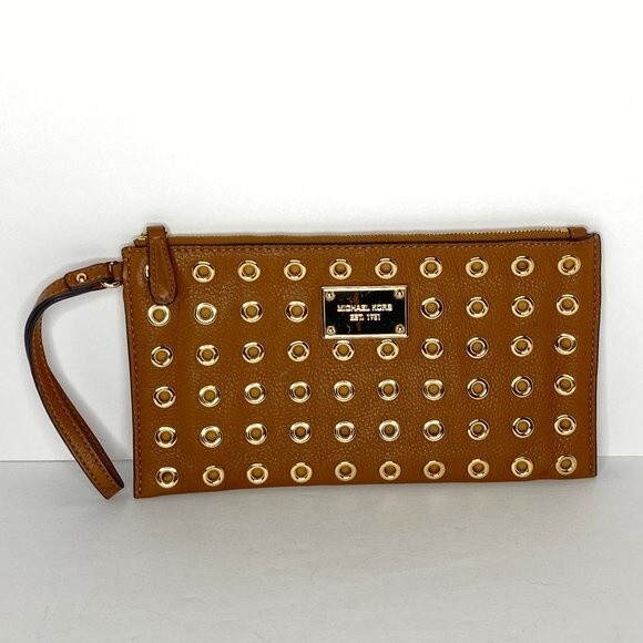 MICHAEL KORS Gold Grommets Camel Brown Wristlet Wallet Phone Case NWOT! - Picture 5 of 5